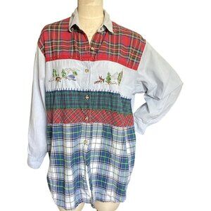 VTG Victoria Jones Woman 40/20W Plaid/Chambray Button Up‎ Embroidered Top 163E